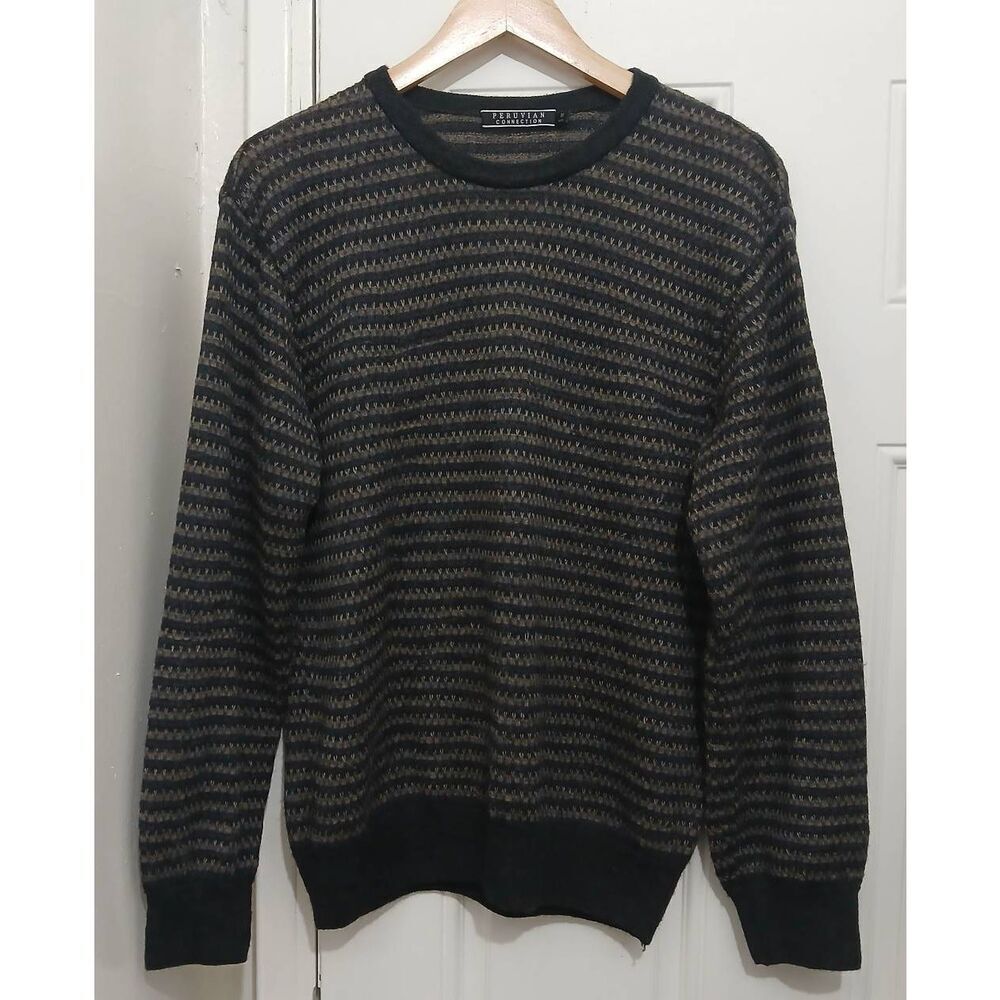 Peruvian connection mens medium 100% baby alpaca brown gray stripe sweater